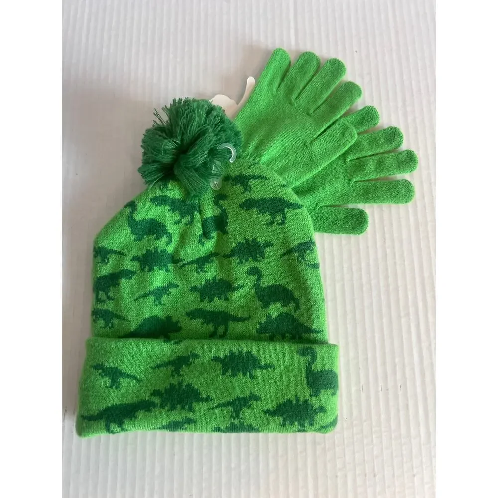 Kids Critter Beanie and Glove Set green dinosaur pattern Pom Pom